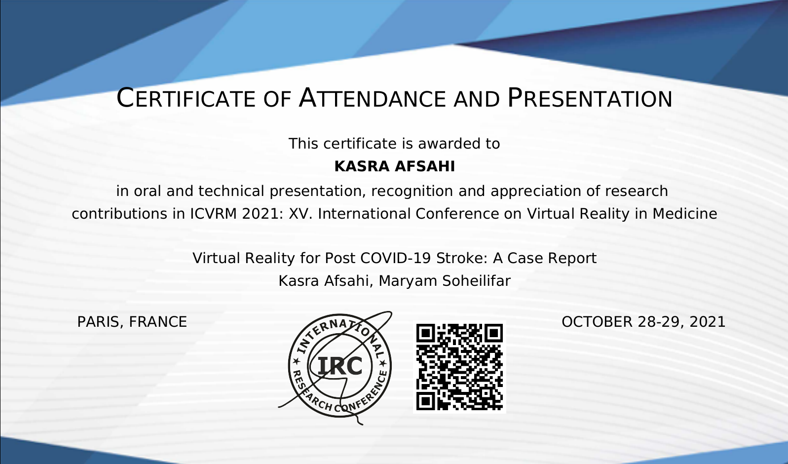 CERTIFICATE OF ATTENDANCE AND PRESENTATION